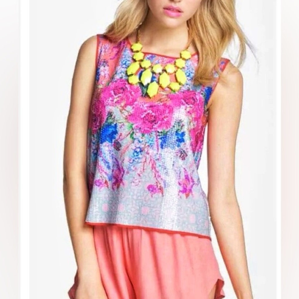 Dream Daily Vibrant Floral Sequined Tank Top - Pink and Blue